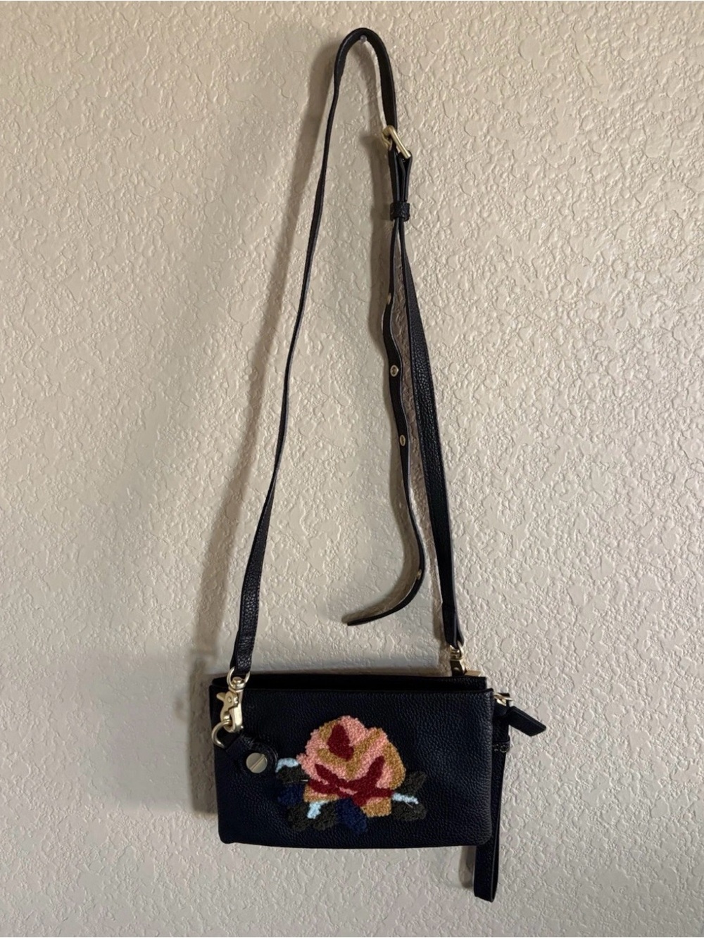 Foley + Corinna Anthropologie Black Crossbody with Embroidered Rose
